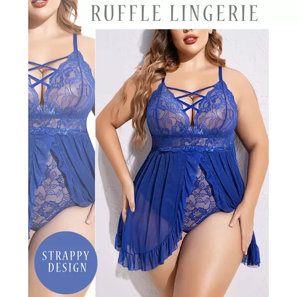 Avidlove Plus Size Lingerie for Women Sexy Snap Crotch Babydoll Lace Chemise Curvy Strappy Ruffle L4XLBlue