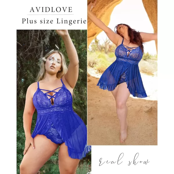 Avidlove Plus Size Lingerie for Women Sexy Snap Crotch Babydoll Lace Chemise Curvy Strappy Ruffle L4XLBlue