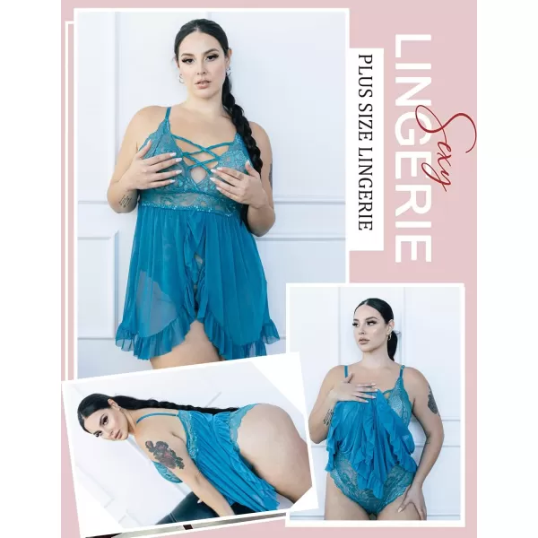 Avidlove Plus Size Lingerie for Women Sexy Snap Crotch Babydoll Lace Chemise Curvy Strappy Ruffle L4XLBlue Green