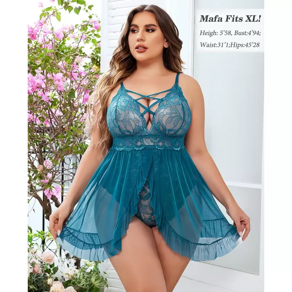 Avidlove Plus Size Lingerie for Women Sexy Snap Crotch Babydoll Lace Chemise Curvy Strappy Ruffle L4XLBlue Green