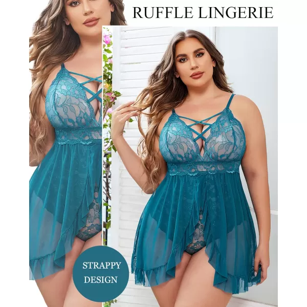 Avidlove Plus Size Lingerie for Women Sexy Snap Crotch Babydoll Lace Chemise Curvy Strappy Ruffle L4XLBlue Green