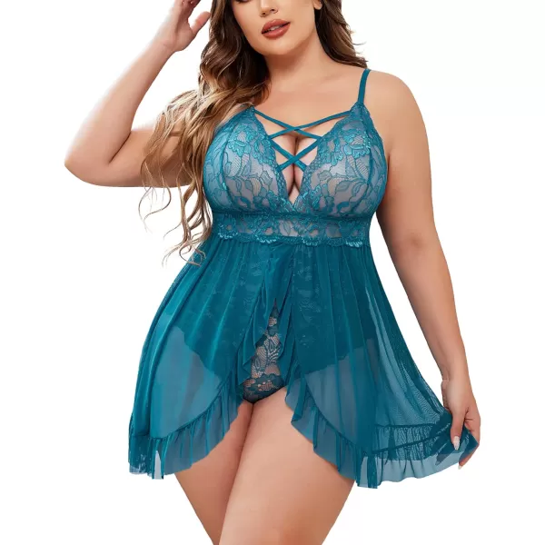 Avidlove Plus Size Lingerie for Women Sexy Snap Crotch Babydoll Lace Chemise Curvy Strappy Ruffle L4XLBlue Green