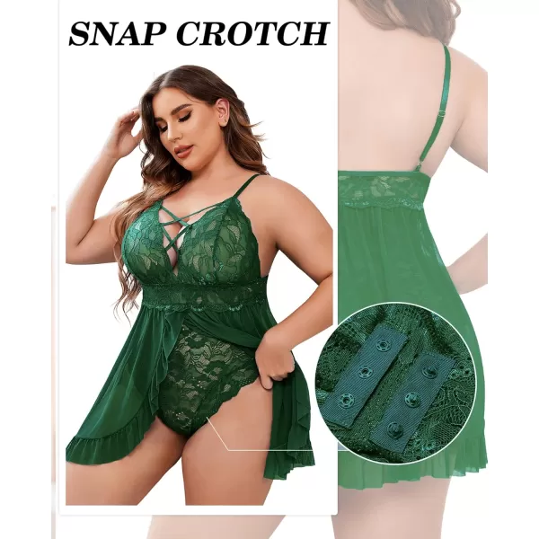 Avidlove Plus Size Lingerie for Women Sexy Snap Crotch Babydoll Lace Chemise Curvy Strappy Ruffle L4XLDark Green