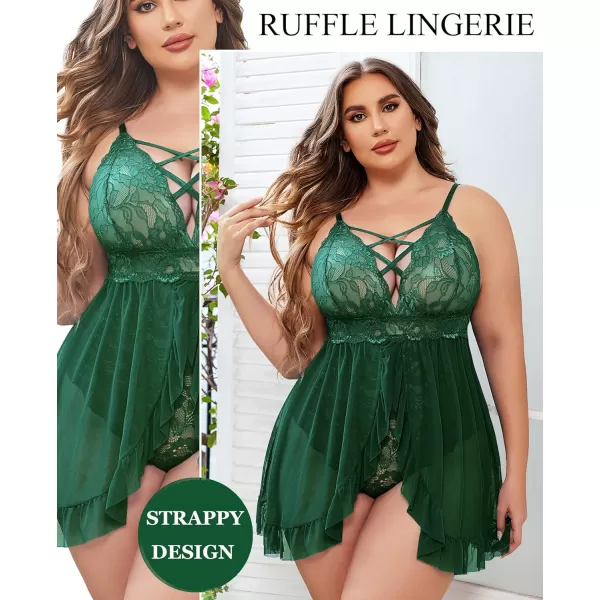 Avidlove Plus Size Lingerie for Women Sexy Snap Crotch Babydoll Lace Chemise Curvy Strappy Ruffle L4XLDark Green