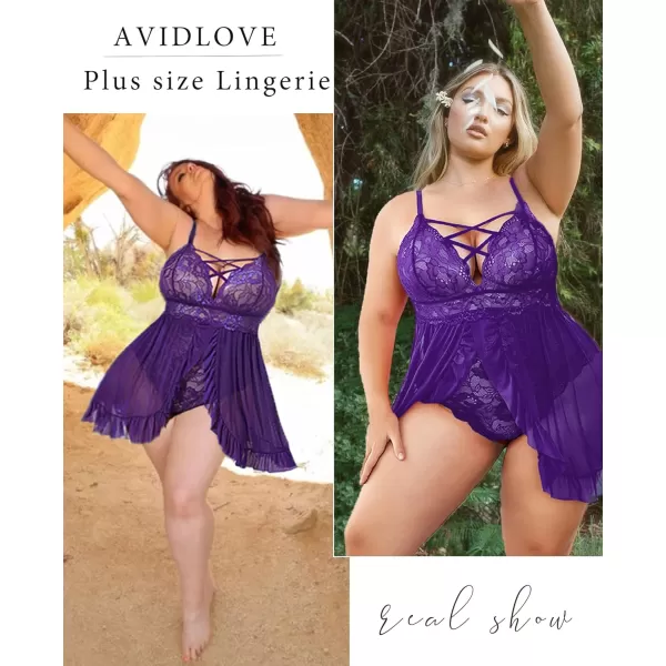 Avidlove Plus Size Lingerie for Women Sexy Snap Crotch Babydoll Lace Chemise Curvy Strappy Ruffle L4XLPurple