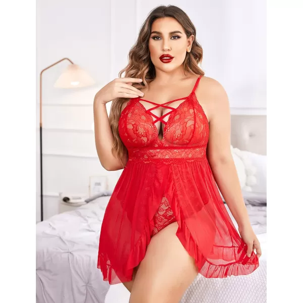 Avidlove Plus Size Lingerie for Women Sexy Snap Crotch Babydoll Lace Chemise Curvy Strappy Ruffle L4XLRed