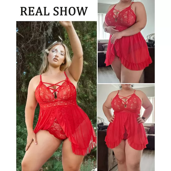 Avidlove Plus Size Lingerie for Women Sexy Snap Crotch Babydoll Lace Chemise Curvy Strappy Ruffle L4XLRed