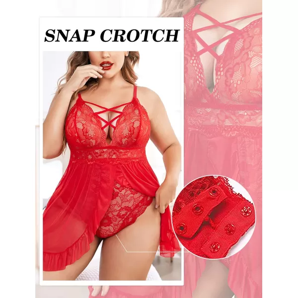 Avidlove Plus Size Lingerie for Women Sexy Snap Crotch Babydoll Lace Chemise Curvy Strappy Ruffle L4XLRed