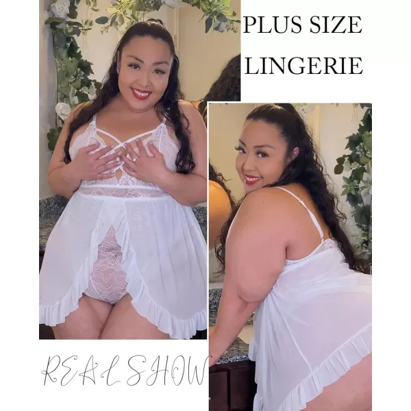 Avidlove Plus Size Lingerie for Women Sexy Snap Crotch Babydoll Lace Chemise Curvy Strappy Ruffle L4XLWhite