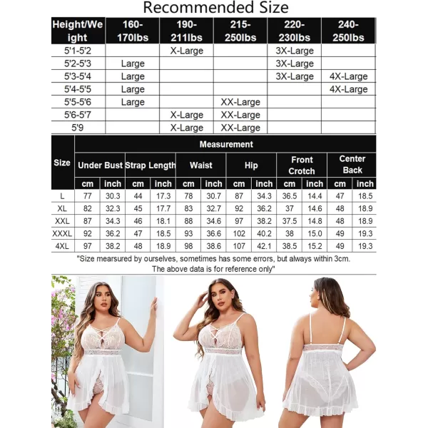 Avidlove Plus Size Lingerie for Women Sexy Snap Crotch Babydoll Lace Chemise Curvy Strappy Ruffle L4XLWhite