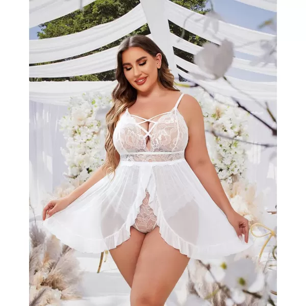 Avidlove Plus Size Lingerie for Women Sexy Snap Crotch Babydoll Lace Chemise Curvy Strappy Ruffle L4XLWhite