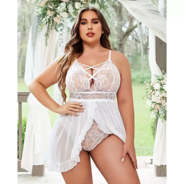 Avidlove Plus Size Lingerie for Women Sexy Snap Crotch Babydoll Lace Chemise Curvy Strappy Ruffle L4XLWhite