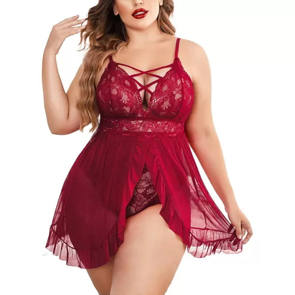 Avidlove Plus Size Lingerie for Women Sexy Snap Crotch Babydoll Lace Chemise Curvy Strappy Ruffle L4XLWine Red