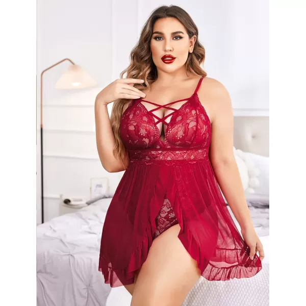 Avidlove Plus Size Lingerie for Women Sexy Snap Crotch Babydoll Lace Chemise Curvy Strappy Ruffle L4XLWine Red