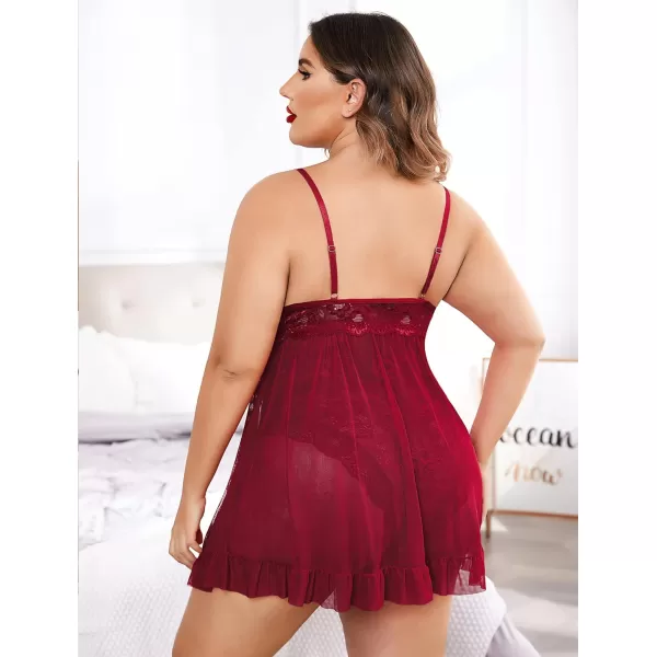 Avidlove Plus Size Lingerie for Women Sexy Snap Crotch Babydoll Lace Chemise Curvy Strappy Ruffle L4XLWine Red