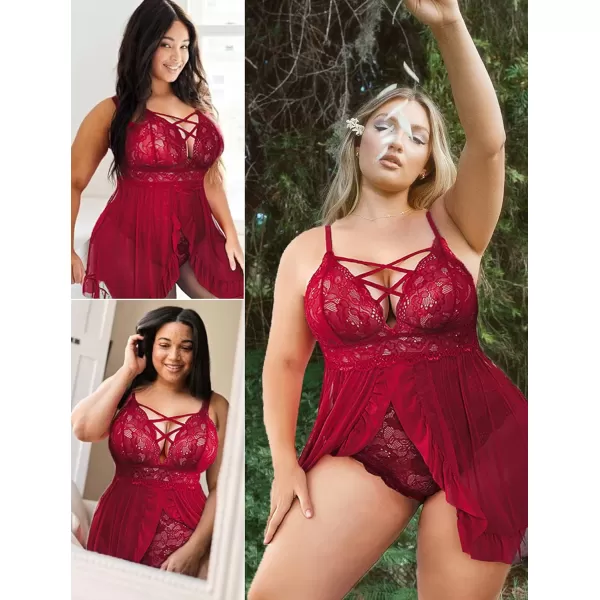 Avidlove Plus Size Lingerie for Women Sexy Snap Crotch Babydoll Lace Chemise Curvy Strappy Ruffle L4XLWine Red