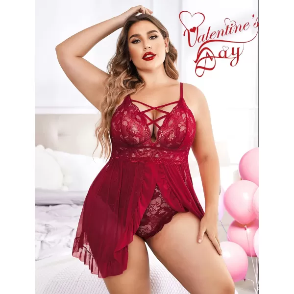 Avidlove Plus Size Lingerie for Women Sexy Snap Crotch Babydoll Lace Chemise Curvy Strappy Ruffle L4XLWine Red