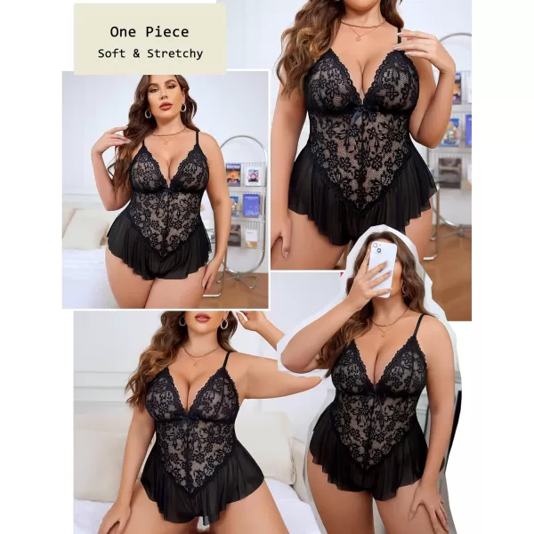 Avidlove Plus Size Women Lingerie Bodysuit Sexy Lace Teddy One Piece Babydoll Chemise L4XLBlack