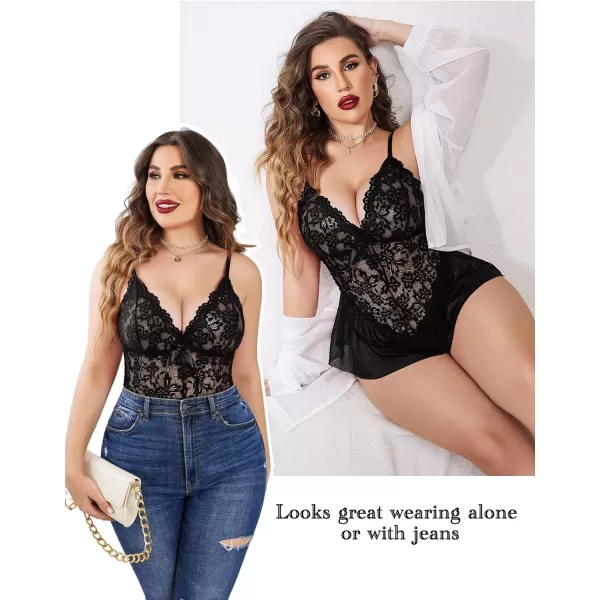 Avidlove Plus Size Women Lingerie Bodysuit Sexy Lace Teddy One Piece Babydoll Chemise L4XLBlack