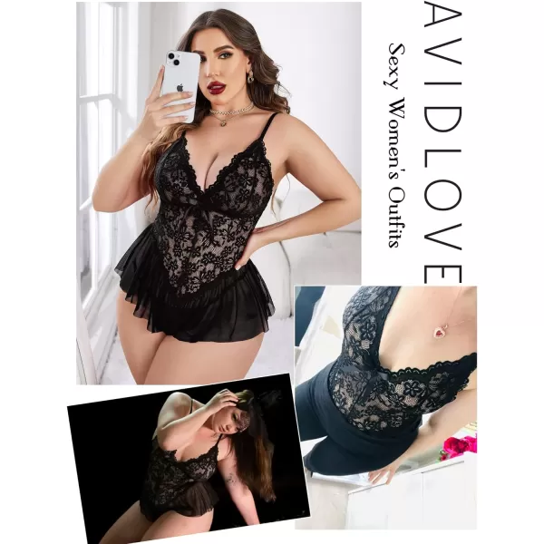 Avidlove Plus Size Women Lingerie Bodysuit Sexy Lace Teddy One Piece Babydoll Chemise L4XLBlack