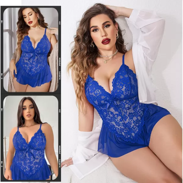 Avidlove Plus Size Women Lingerie Bodysuit Sexy Lace Teddy One Piece Babydoll Chemise L4XLBlue