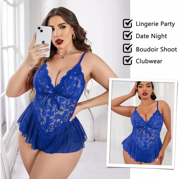 Avidlove Plus Size Women Lingerie Bodysuit Sexy Lace Teddy One Piece Babydoll Chemise L4XLBlue