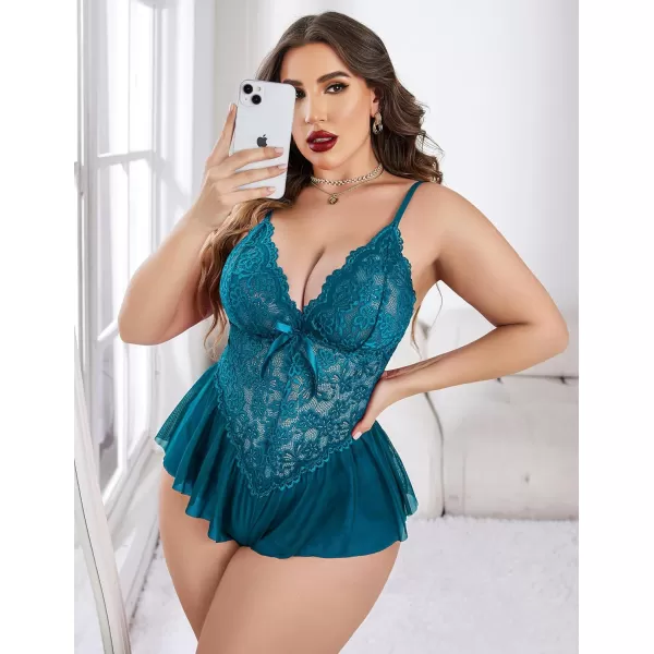 Avidlove Plus Size Women Lingerie Bodysuit Sexy Lace Teddy One Piece Babydoll Chemise L4XLBlue Green