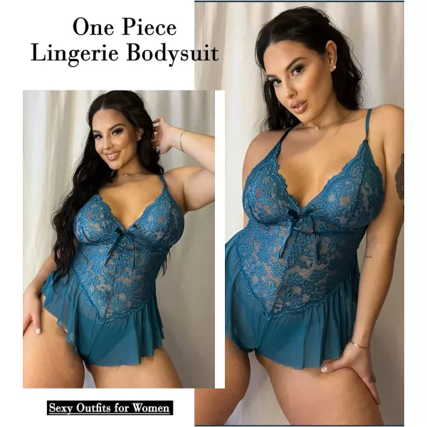 Avidlove Plus Size Women Lingerie Bodysuit Sexy Lace Teddy One Piece Babydoll Chemise L4XLBlue Green