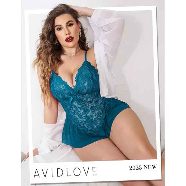 Avidlove Plus Size Women Lingerie Bodysuit Sexy Lace Teddy One Piece Babydoll Chemise L4XLBlue Green