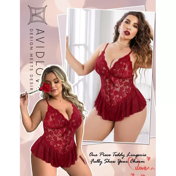 Avidlove Plus Size Women Lingerie Bodysuit Sexy Lace Teddy One Piece Babydoll Chemise L4XLDark Red