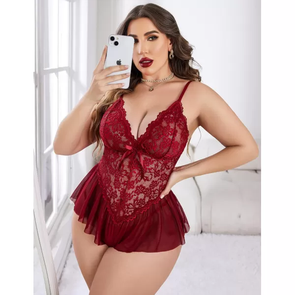 Avidlove Plus Size Women Lingerie Bodysuit Sexy Lace Teddy One Piece Babydoll Chemise L4XLDark Red