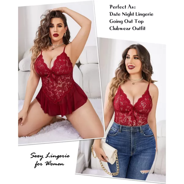 Avidlove Plus Size Women Lingerie Bodysuit Sexy Lace Teddy One Piece Babydoll Chemise L4XLDark Red