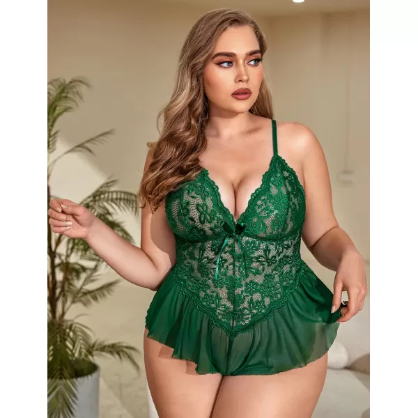 Avidlove Plus Size Women Lingerie Bodysuit Sexy Lace Teddy One Piece Babydoll Chemise L4XLGreen