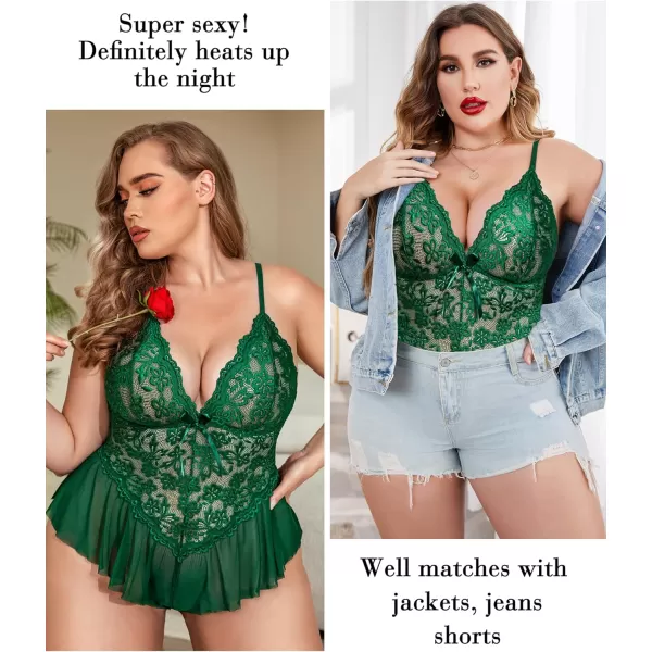 Avidlove Plus Size Women Lingerie Bodysuit Sexy Lace Teddy One Piece Babydoll Chemise L4XLGreen