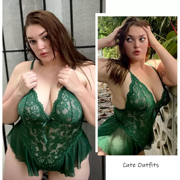 Avidlove Plus Size Women Lingerie Bodysuit Sexy Lace Teddy One Piece Babydoll Chemise L4XLGreen