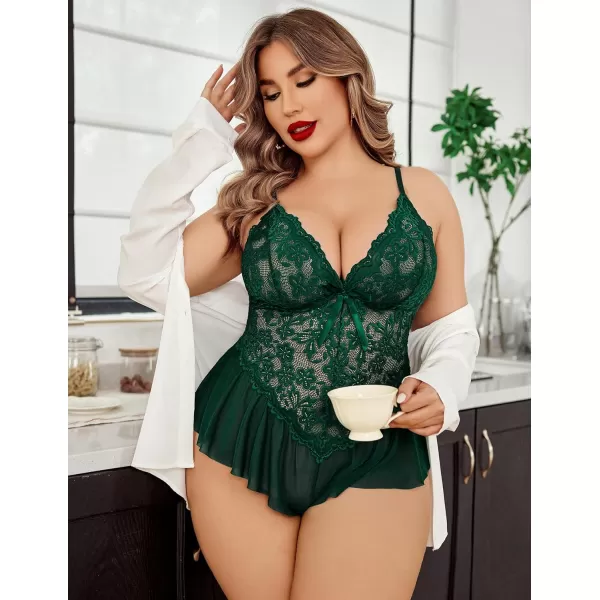Avidlove Plus Size Women Lingerie Bodysuit Sexy Lace Teddy One Piece Babydoll Chemise L4XLLake Green