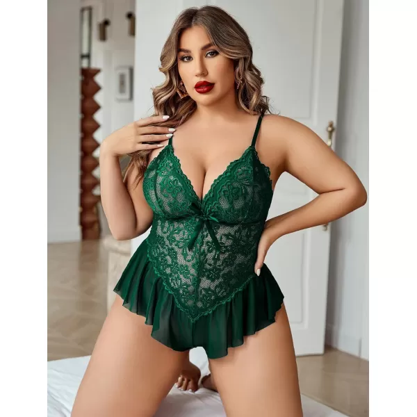 Avidlove Plus Size Women Lingerie Bodysuit Sexy Lace Teddy One Piece Babydoll Chemise L4XLLake Green