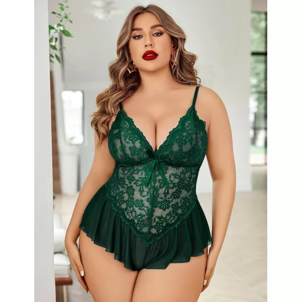 Avidlove Plus Size Women Lingerie Bodysuit Sexy Lace Teddy One Piece Babydoll Chemise L4XLLake Green