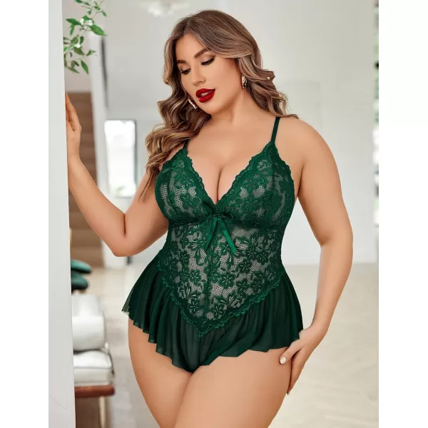 Avidlove Plus Size Women Lingerie Bodysuit Sexy Lace Teddy One Piece Babydoll Chemise L4XLLake Green