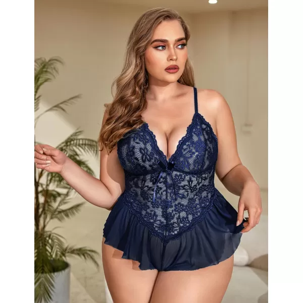 Avidlove Plus Size Women Lingerie Bodysuit Sexy Lace Teddy One Piece Babydoll Chemise L4XLNavy Blue