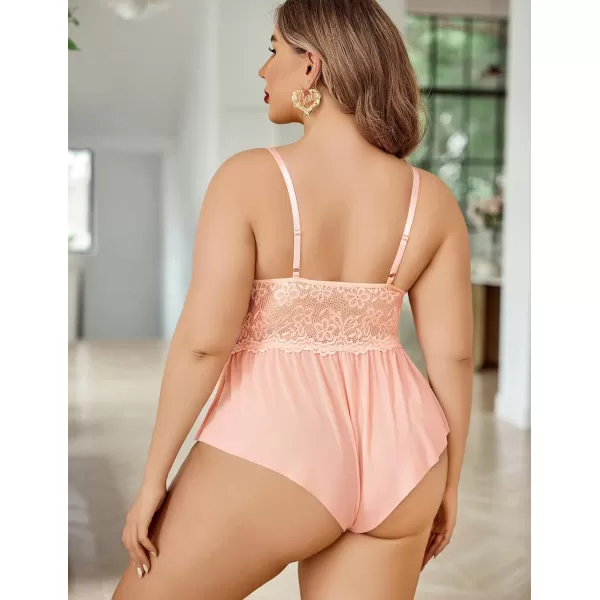 Avidlove Plus Size Women Lingerie Bodysuit Sexy Lace Teddy One Piece Babydoll Chemise L4XLOrange Pink