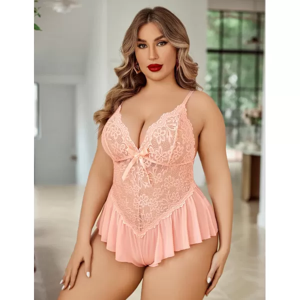 Avidlove Plus Size Women Lingerie Bodysuit Sexy Lace Teddy One Piece Babydoll Chemise L4XLOrange Pink