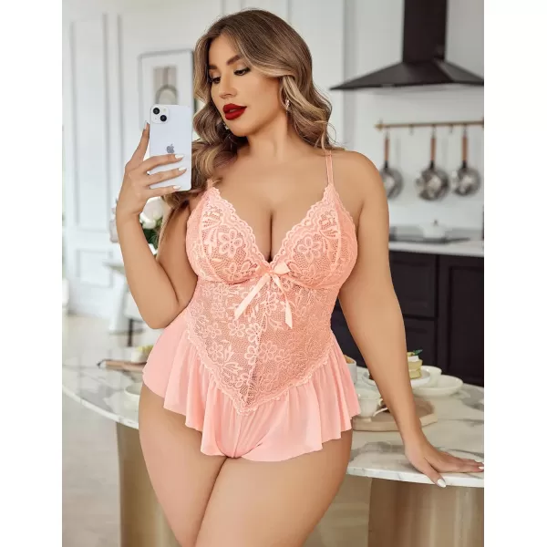 Avidlove Plus Size Women Lingerie Bodysuit Sexy Lace Teddy One Piece Babydoll Chemise L4XLOrange Pink