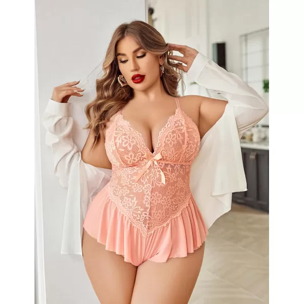 Avidlove Plus Size Women Lingerie Bodysuit Sexy Lace Teddy One Piece Babydoll Chemise L4XLOrange Pink