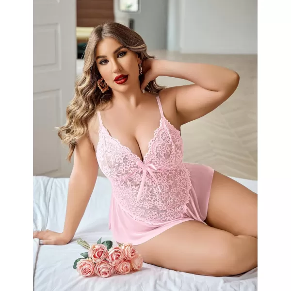 Avidlove Plus Size Women Lingerie Bodysuit Sexy Lace Teddy One Piece Babydoll Chemise L4XLPink