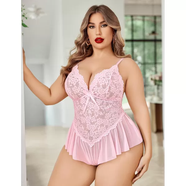 Avidlove Plus Size Women Lingerie Bodysuit Sexy Lace Teddy One Piece Babydoll Chemise L4XLPink