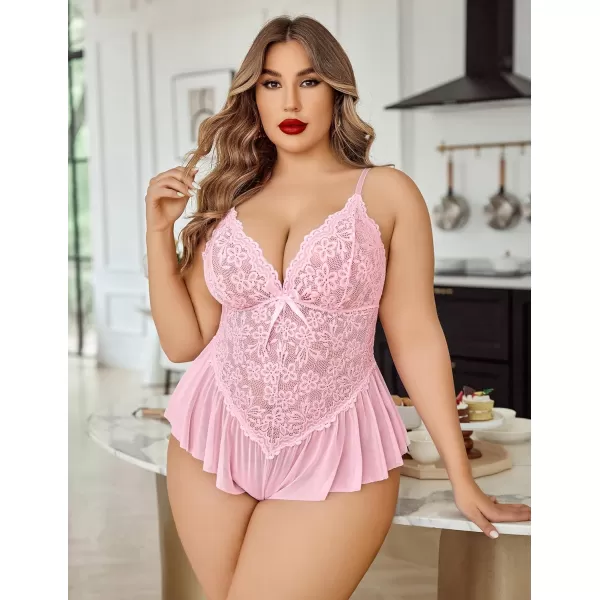 Avidlove Plus Size Women Lingerie Bodysuit Sexy Lace Teddy One Piece Babydoll Chemise L4XLPink