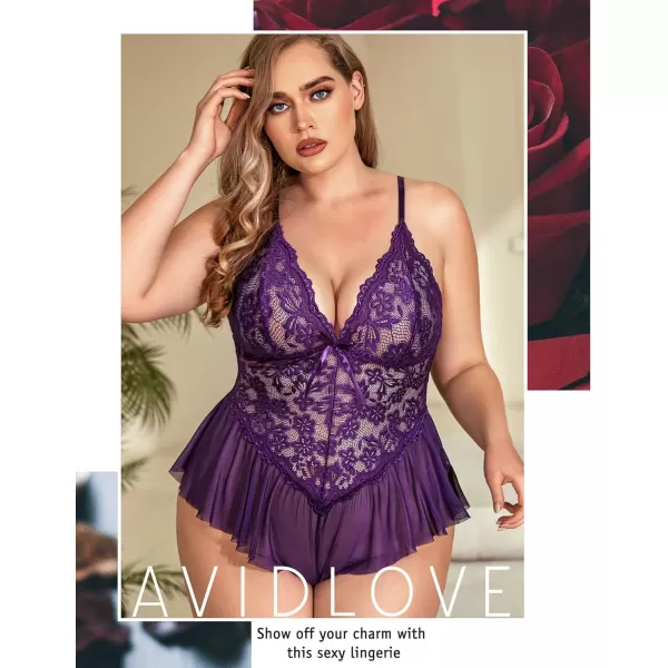 Avidlove Plus Size Women Lingerie Bodysuit Sexy Lace Teddy One Piece Babydoll Chemise L4XLPurple