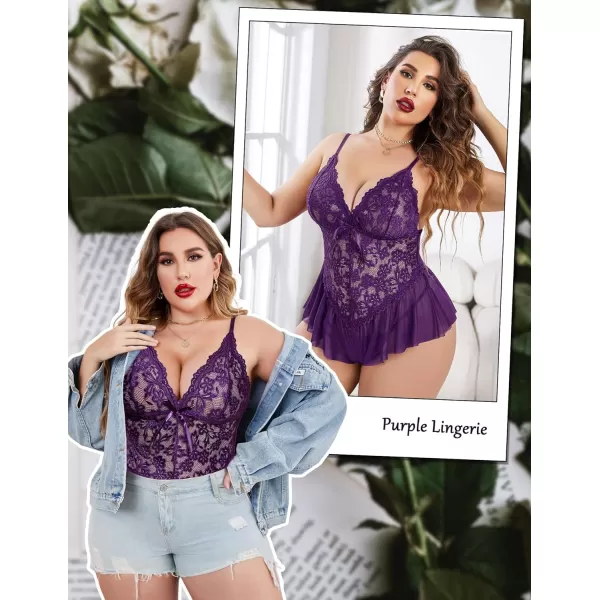 Avidlove Plus Size Women Lingerie Bodysuit Sexy Lace Teddy One Piece Babydoll Chemise L4XLPurple