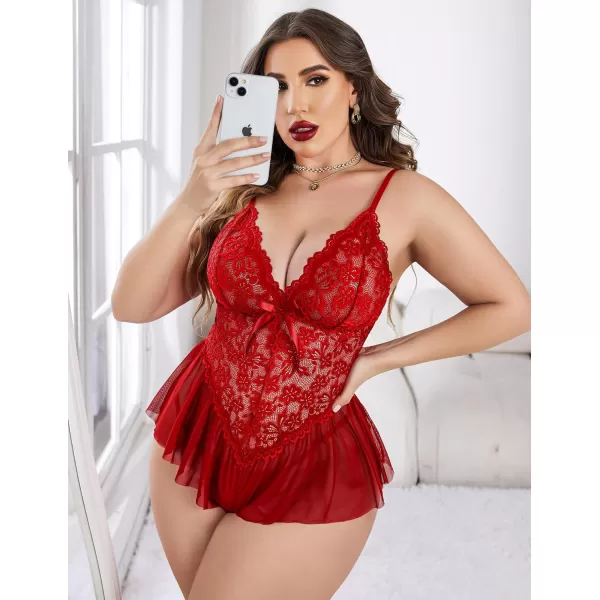 Avidlove Plus Size Women Lingerie Bodysuit Sexy Lace Teddy One Piece Babydoll Chemise L4XLRed